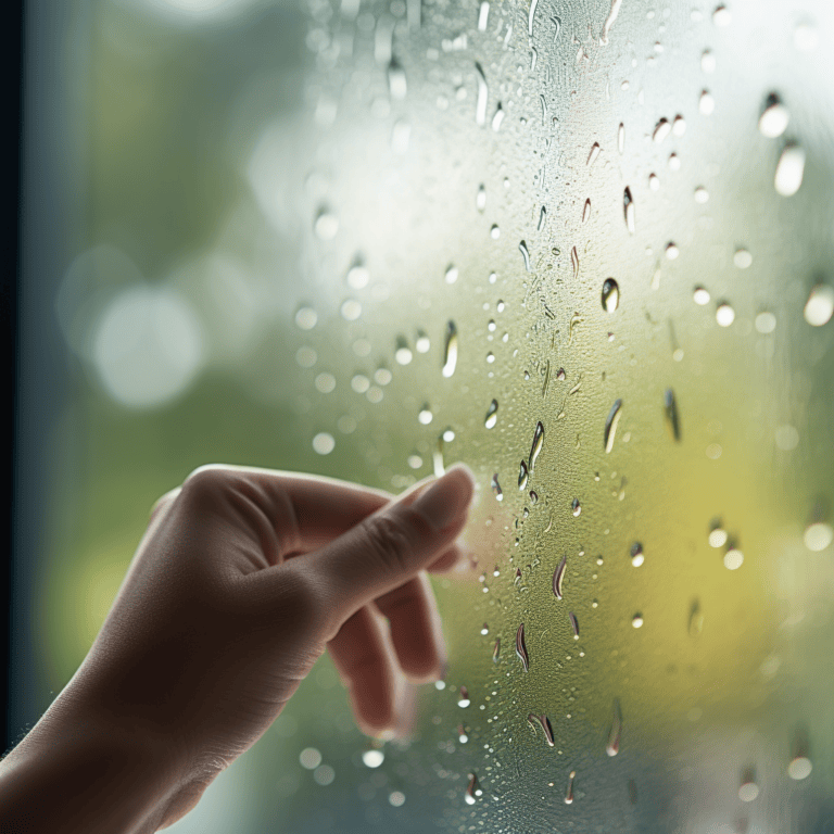 "Gros plan sur des gouttes de pluie sur une fenêtre, avec une personne floue en arrière-plan nettoyant la vitre. L'image met en évidence la clarté du verre après le nettoyage, capturée dans une lumière naturelle et en haute résolution.