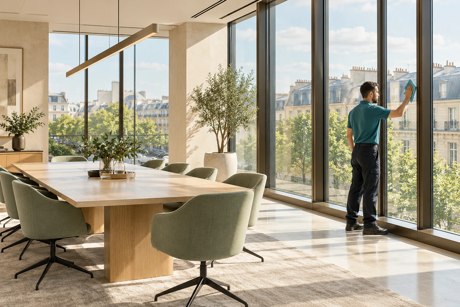 Laveur de vitres ISOCLEAN nettoyant les baies vitrées d'une salle de réunion