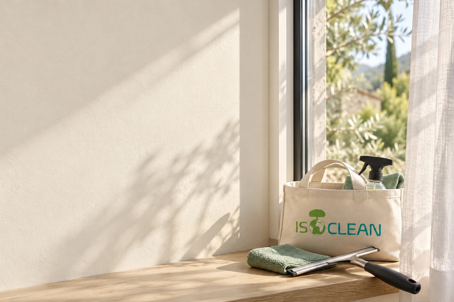 Sac en toile ISOCLEAN avec microfibre, raclette et pulvérisateur posés sur un rebord de fenêtre