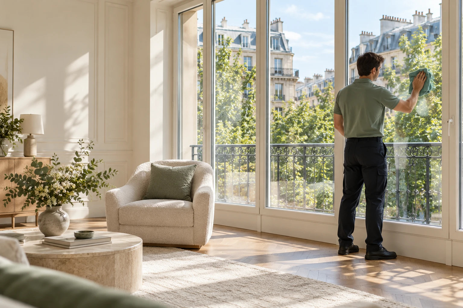 Laveur de vitres ISOCLEAN nettoyant les portes-fenêtres d'un salon haussmannien