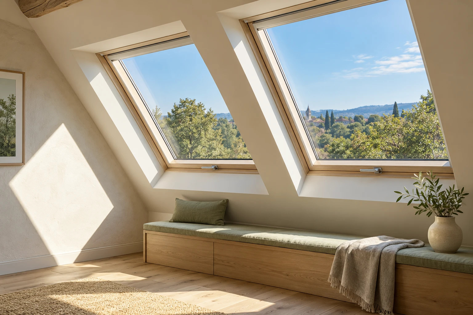 Deux fenêtres de toit Velux propres dans une chambre mansardée