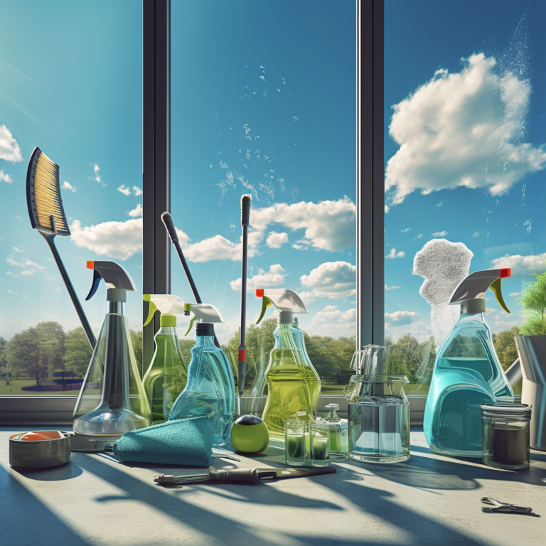 Représentation artistique des produits de nettoyage de vitres écologiques et technologiquement avancés pour 2024, colorés et captivants.