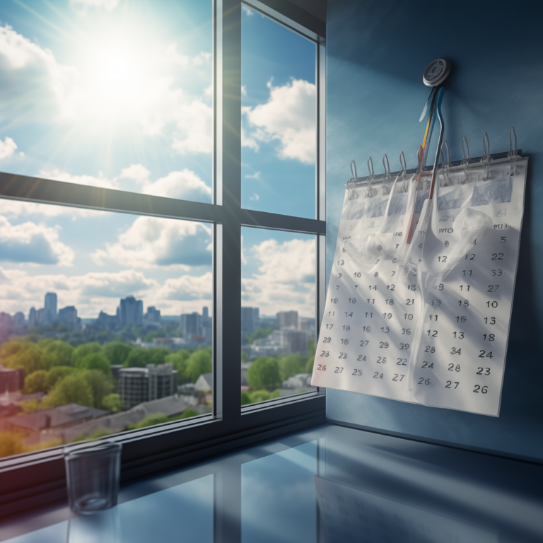 Calendrier avec dates marquées pour le nettoyage des vitres sur fond de fenêtres étincelantes.