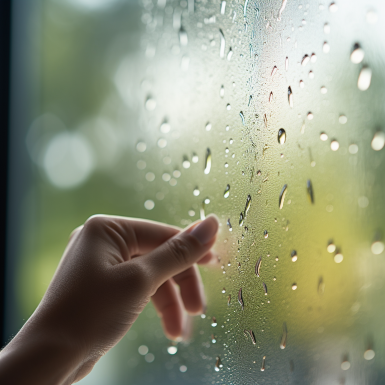 "Gros plan sur des gouttes de pluie sur une fenêtre, avec une personne floue en arrière-plan nettoyant la vitre. L'image met en évidence la clarté du verre après le nettoyage, capturée dans une lumière naturelle et en haute résolution.