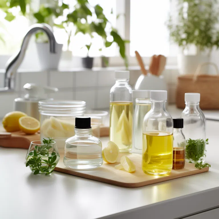 Ingrédients pour nettoyant à vitres sur table de cuisine - liquide vaisselle, vinaigre blanc, eau déminéralisée et pulvérisateur pour vitres.