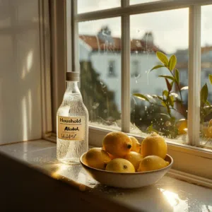 Bouteille d'alcool ménager avec bol de citrons sur un plan de travail, devant une fenêtre impeccablement propre, illustrant une méthode écologique et pratique de nettoyage des vitres.