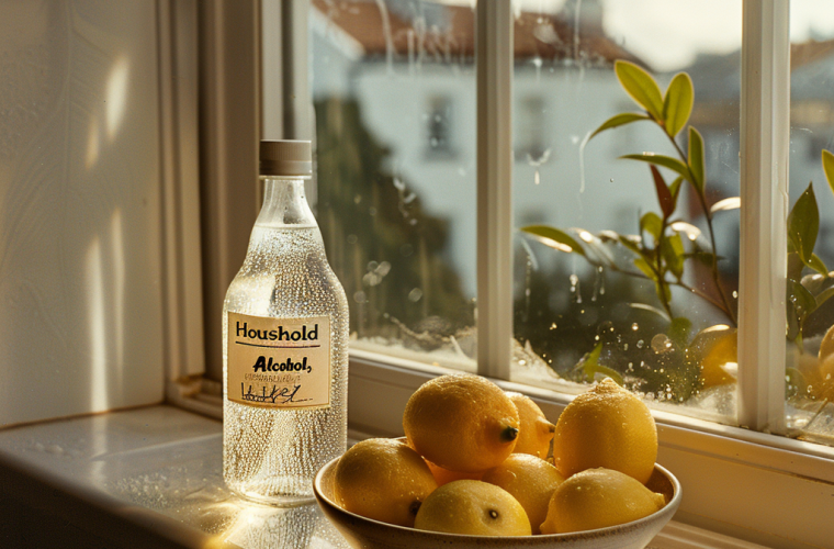Bouteille d'alcool ménager avec bol de citrons sur un plan de travail, devant une fenêtre impeccablement propre, illustrant une méthode écologique et pratique de nettoyage des vitres.